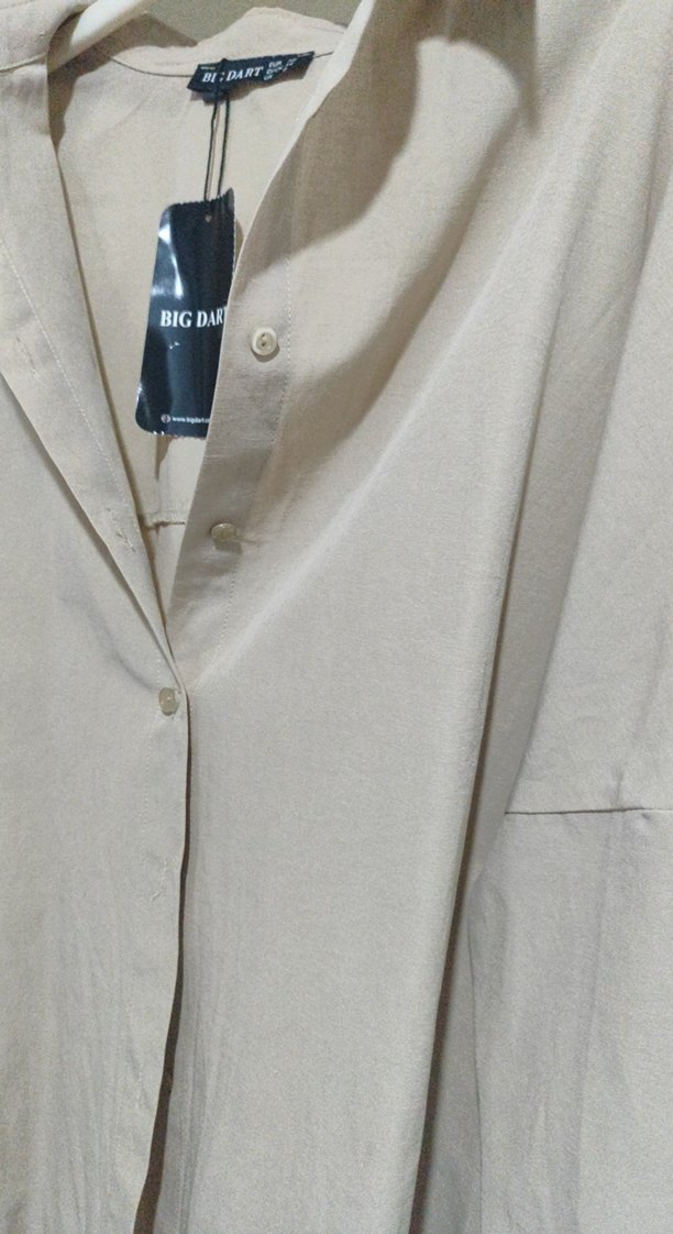 Bej Düğmeli Kadın Oversize Gömlek - Görsel 3