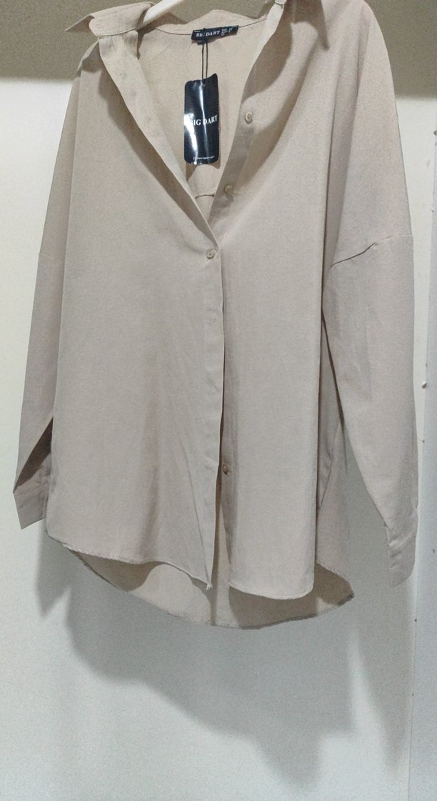 Bej Düğmeli Kadın Oversize Gömlek - Görsel 2