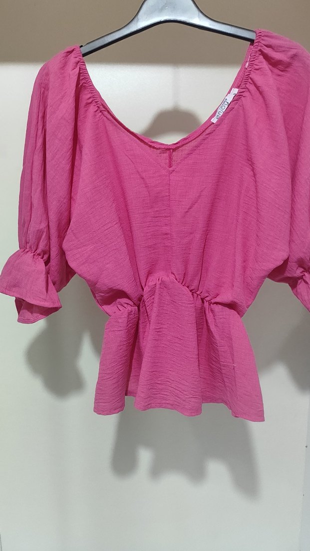 Pembe V Yaka Keten Mini Bluz - Görsel 2