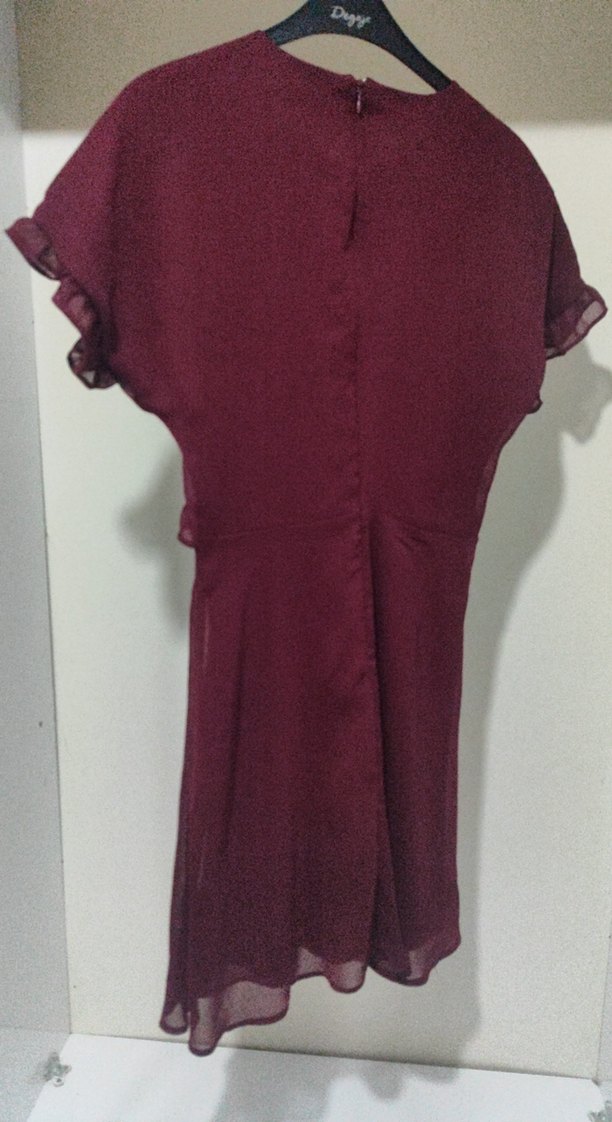 Bordo  Vişne Volanlı şifon Elbise - Görsel 5