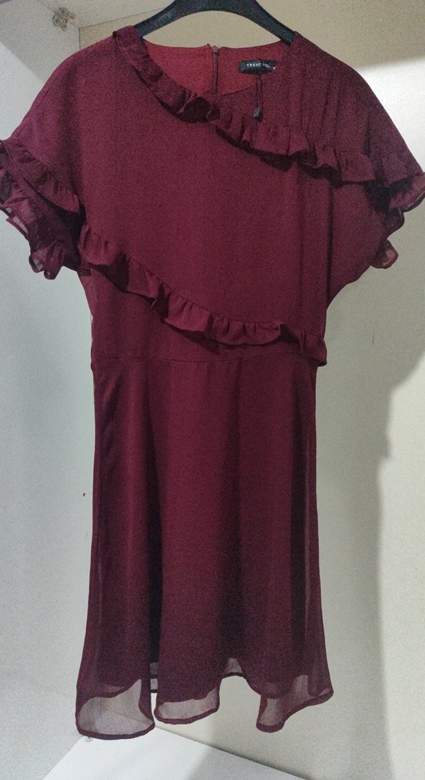 Bordo  Vişne Volanlı şifon Elbise - Görsel 2