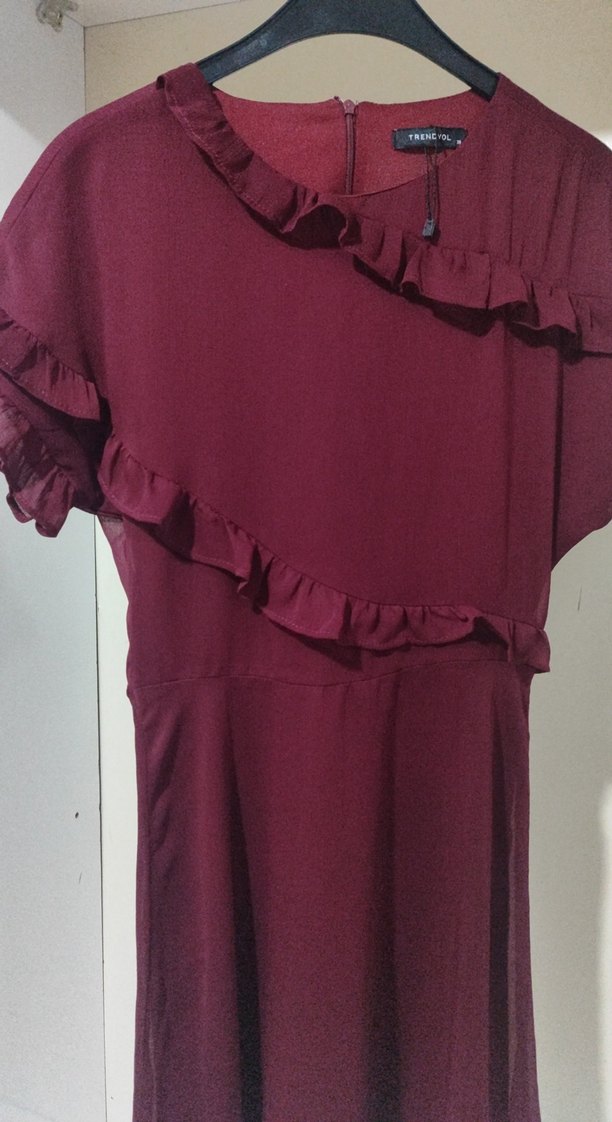 Bordo  Vişne Volanlı şifon Elbise - Görsel 4