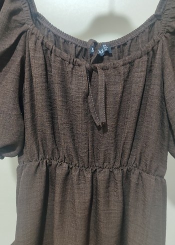Kahverengi Keten Elbise - Görsel 5