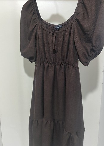 Kahverengi Keten Elbise - Görsel 2