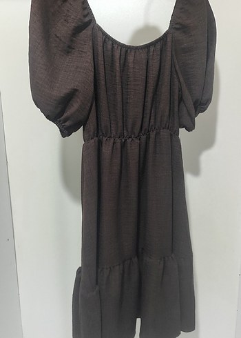 Kahverengi Keten Elbise - Görsel 3