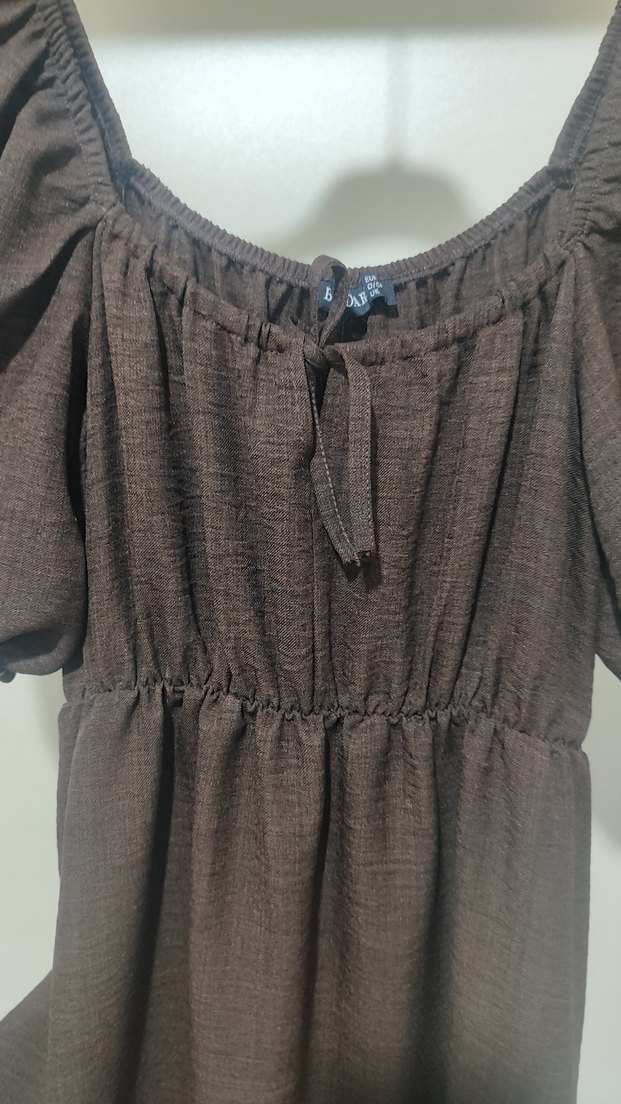 Kahverengi Keten Elbise - Görsel 5