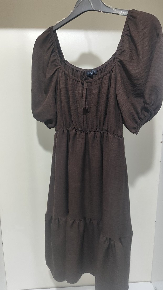 Kahverengi Keten Elbise - Görsel 2