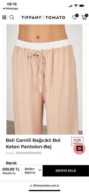 m Beden Beli garnili bağcıklı bej bol keten pantolon