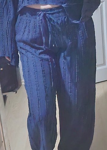 Lacivert Bol Kesim Midi Kadın Keten Pantolon - Görsel 2