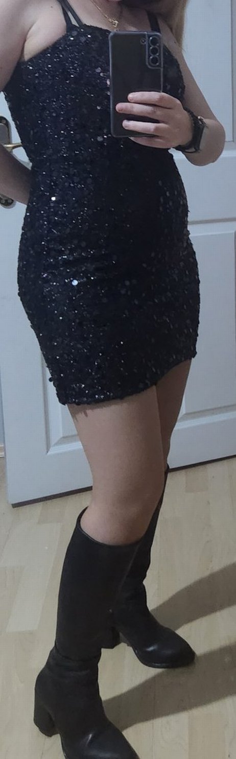 Siyah Payetli Straplez kısa  Abiye Elbise - Görsel 3