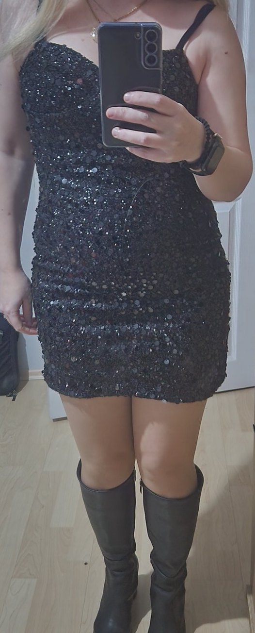 Siyah Payetli Straplez kısa  Abiye Elbise - Görsel 2