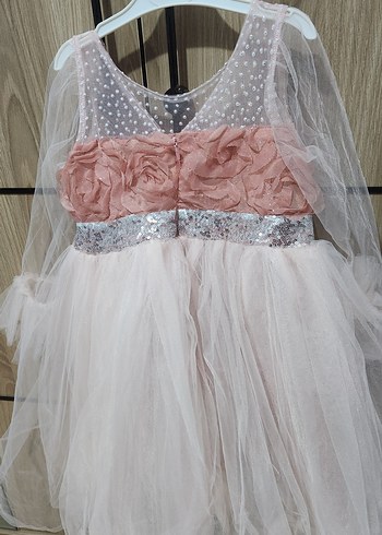 Kız Çocuk Pembe Nakışlı Tül Elbise - Görsel 2