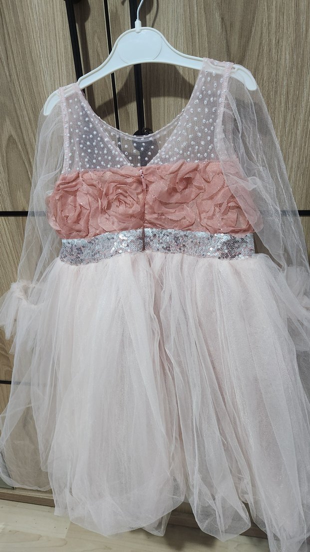 Kız Çocuk Pembe Nakışlı Tül Elbise - Görsel 2