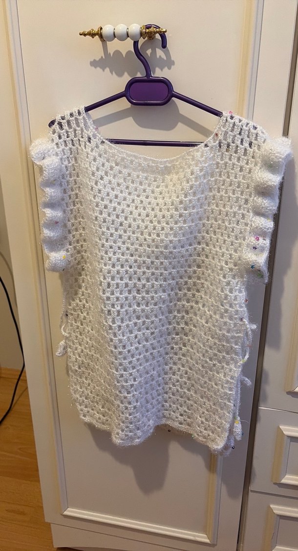 Dantel Detaylı Bohem el 
Örgü Beyaz Yelek - Görsel 2