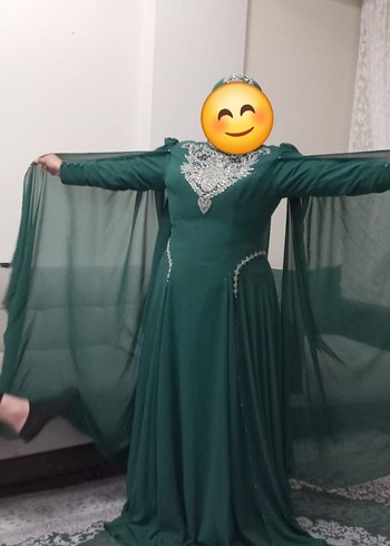 48 Beden Uzun Kollu İşlemeli Yeşil Henna Elbise