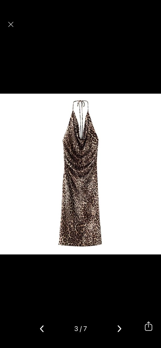 Zara Kahverengi Leopar Desenli Uzun V Yaka Elbise - Görsel 3