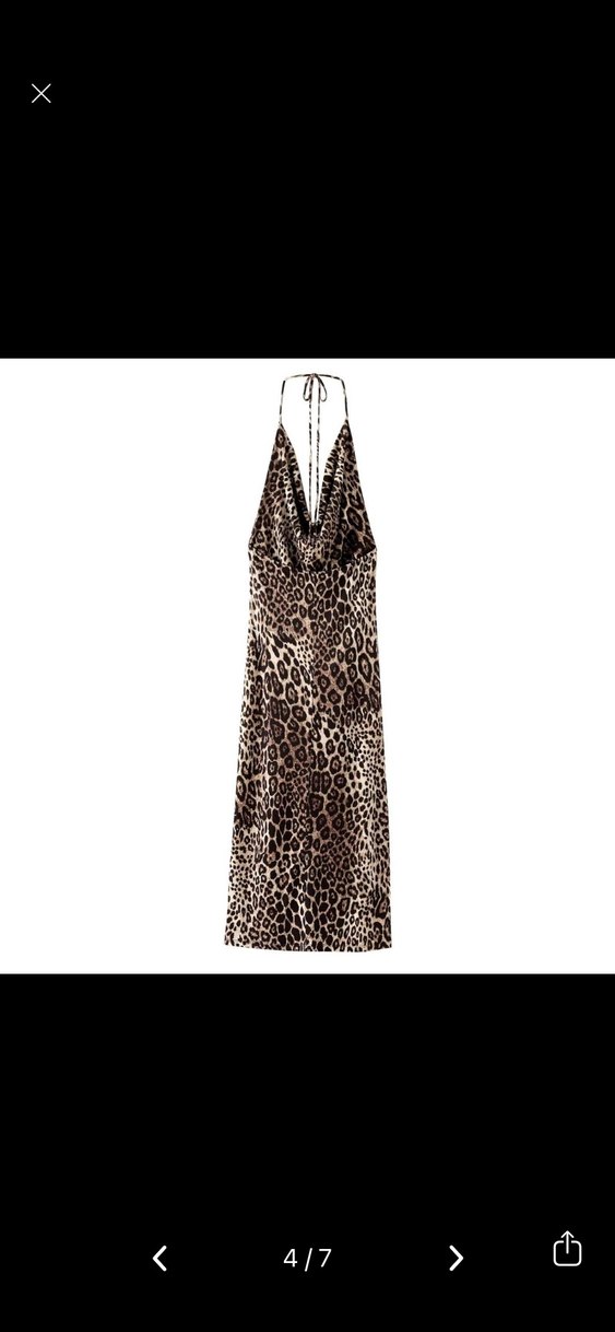 Zara Kahverengi Leopar Desenli Uzun V Yaka Elbise - Görsel 4