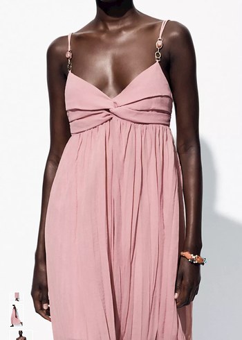 Pembe Drapeli Uzun Askılı Elbise - Görsel 3