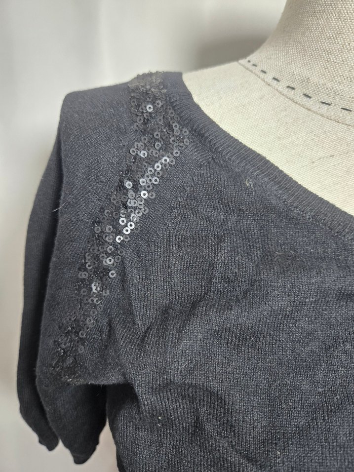 #silk&cashmere V Yaka Siyah Kısa Kollu Kadın Kazak - Görsel 2