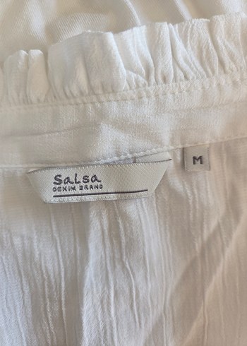 Beyaz V Yaka Fırfırlı Keten Bluz - Görsel 3