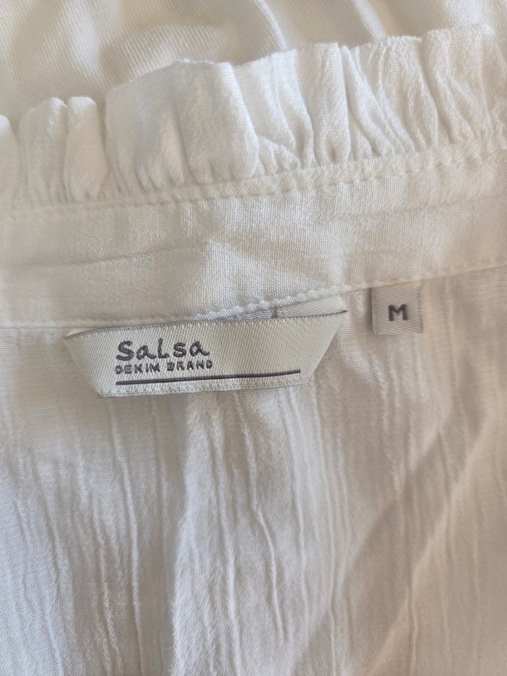 Beyaz V Yaka Fırfırlı Keten Bluz - Görsel 3