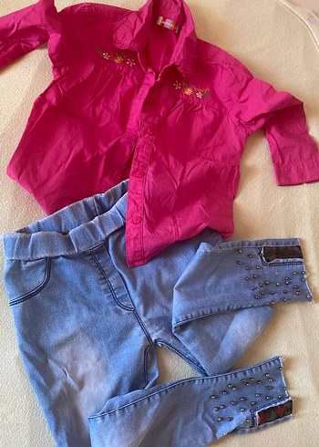 Pembe Kız Gömlek ve Kot Pantolon Takımı