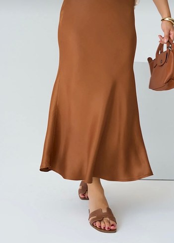 Kadın Kahverengi saten Midi Etek - Görsel 7