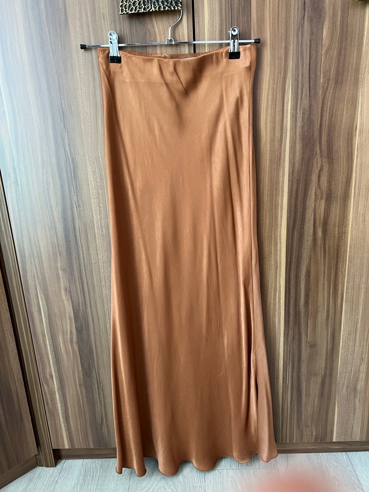 Kadın Kahverengi saten Midi Etek - Görsel 5