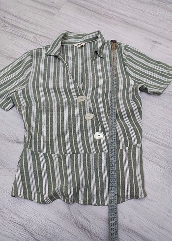 V Yaka Kısa Kollu Çizgili Bluz koton - Görsel 3