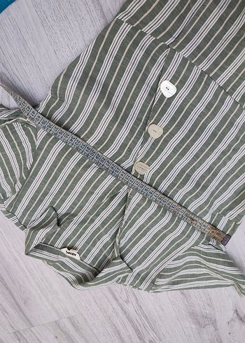 V Yaka Kısa Kollu Çizgili Bluz koton - Görsel 6