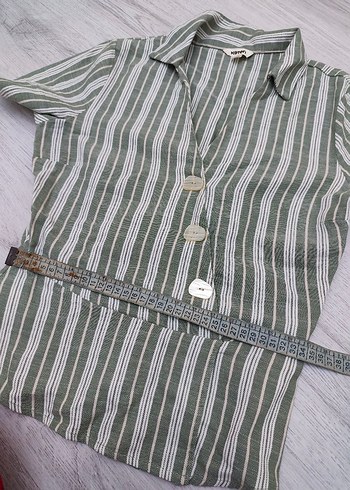 V Yaka Kısa Kollu Çizgili Bluz koton - Görsel 7