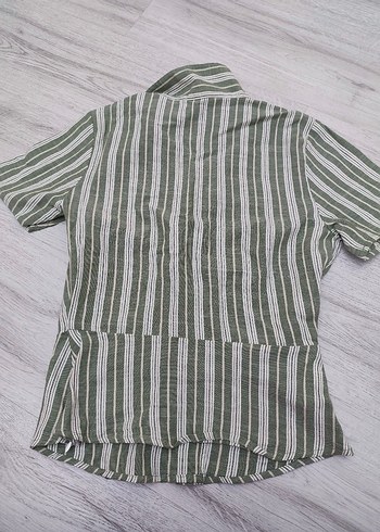 V Yaka Kısa Kollu Çizgili Bluz koton - Görsel 4