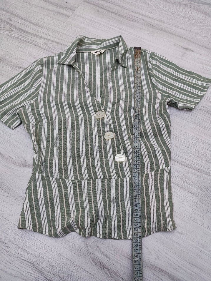 V Yaka Kısa Kollu Çizgili Bluz koton - Görsel 3