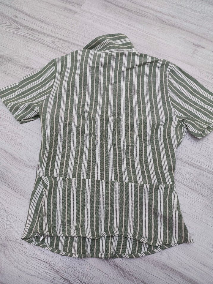 V Yaka Kısa Kollu Çizgili Bluz koton - Görsel 4