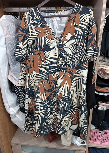 xl Beden Bohem Mini Elbise Düğmeli V Yaka lc Waikiki