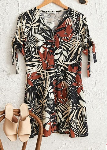 Bohem Mini Elbise Düğmeli V Yaka lc Waikiki