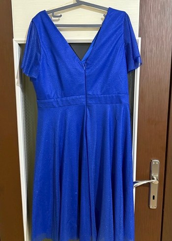 Mavi V Yaka Drapeli Midi Abiye Elbise - Görsel 2