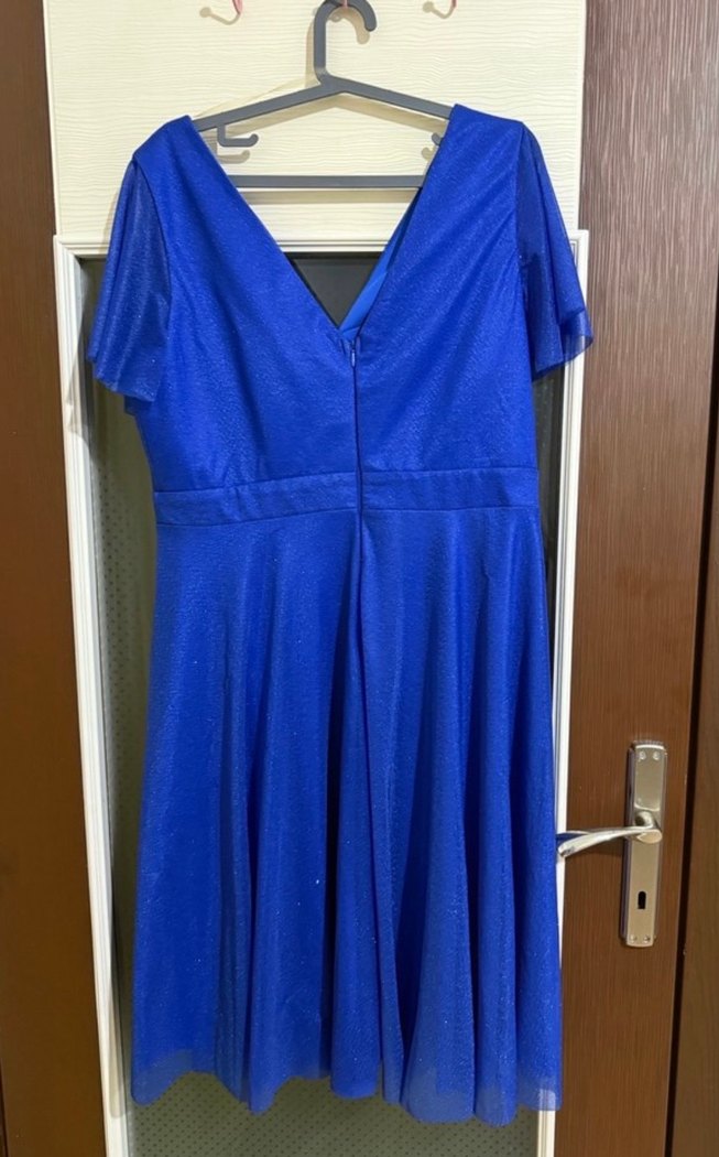 Mavi V Yaka Drapeli Midi Abiye Elbise - Görsel 2