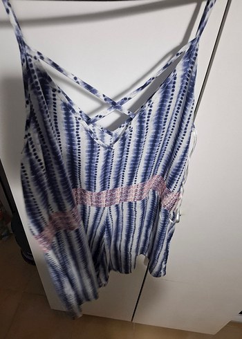 Mavi Bağcıklı Kısa Kadın Tulum - Görsel 4