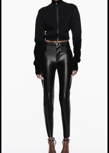 Düğmeli Siyah Deri Kadın tayt - Görsel 2