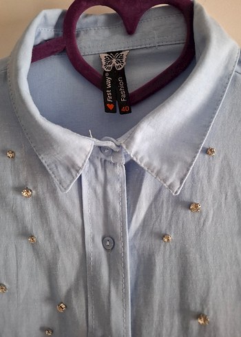 Nakışlı Mavi Düğmeli Uzun Kollu Kadın Gömlek - Görsel 2