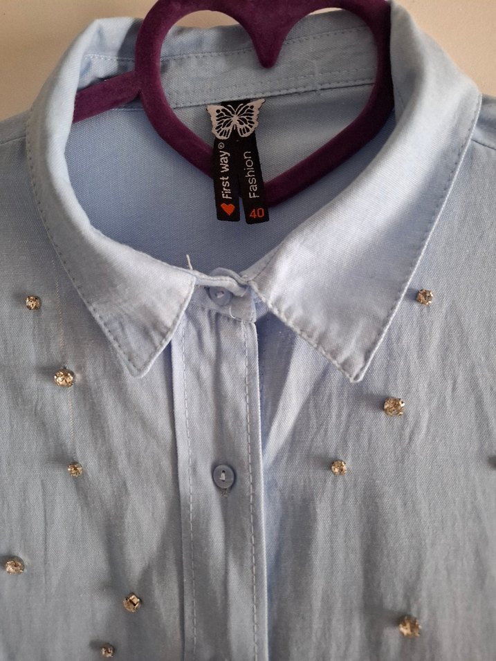 Nakışlı Mavi Düğmeli Uzun Kollu Kadın Gömlek - Görsel 2