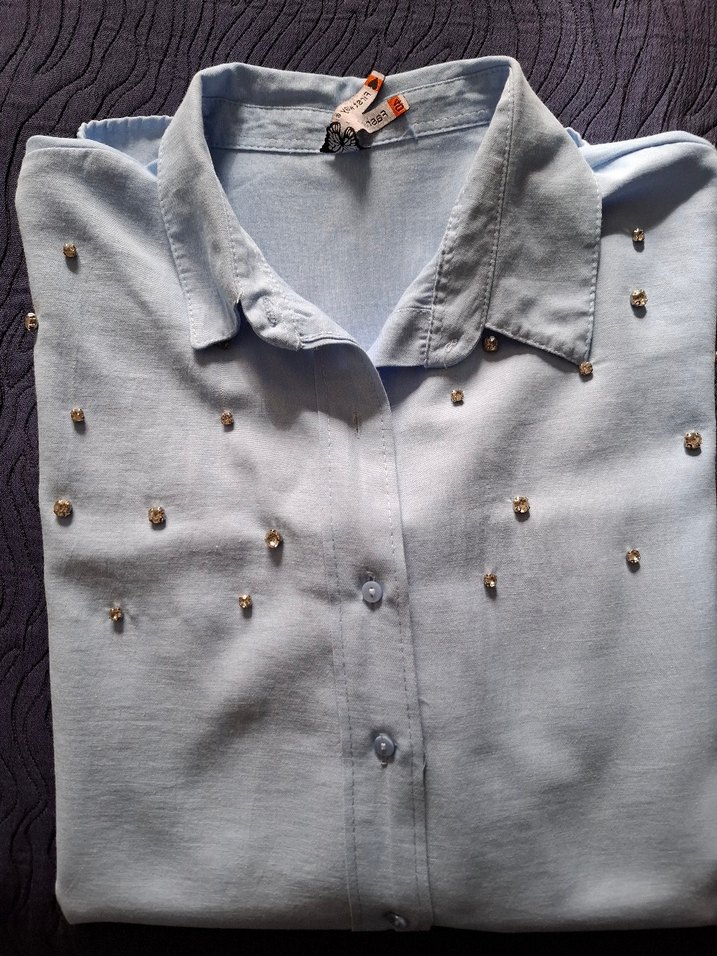 Nakışlı Mavi Düğmeli Uzun Kollu Kadın Gömlek - Görsel 5