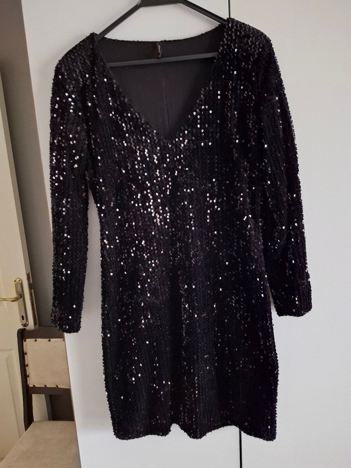 Siyah Payetli V Yaka Midi Abiye Elbise - Görsel 2