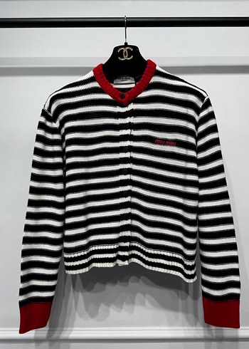 Miu miu Kırmızı Yaka Detaylı Siyah Beyaz Çizgili Triko - Görsel 4