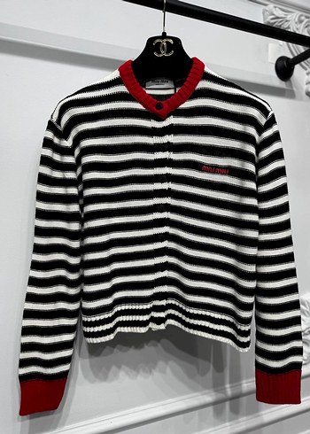 Miu miu Kırmızı Yaka Detaylı Siyah Beyaz Çizgili Triko - Görsel 3