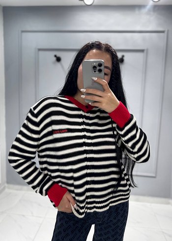 Miu miu Kırmızı Yaka Detaylı Siyah Beyaz Çizgili Triko - Görsel 2