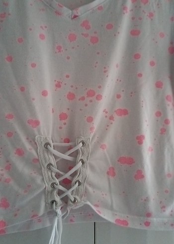 Pembe Bağcıklı V Yaka Kısa Crop Top - Görsel 2