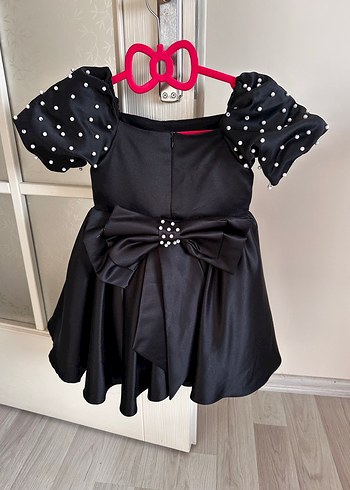 Kız Çocuk Saten Siyah Balon Kollu Elbise - Görsel 4
