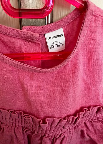 4 Yaş Beden Kız Çocuk Pembe Keten Fırfırlı Elbise